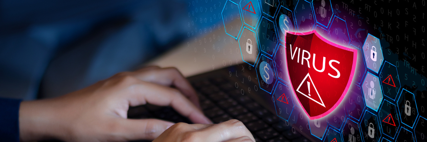 Protective shield virus red Exclamation Warning Caution Computer in dark with word virus